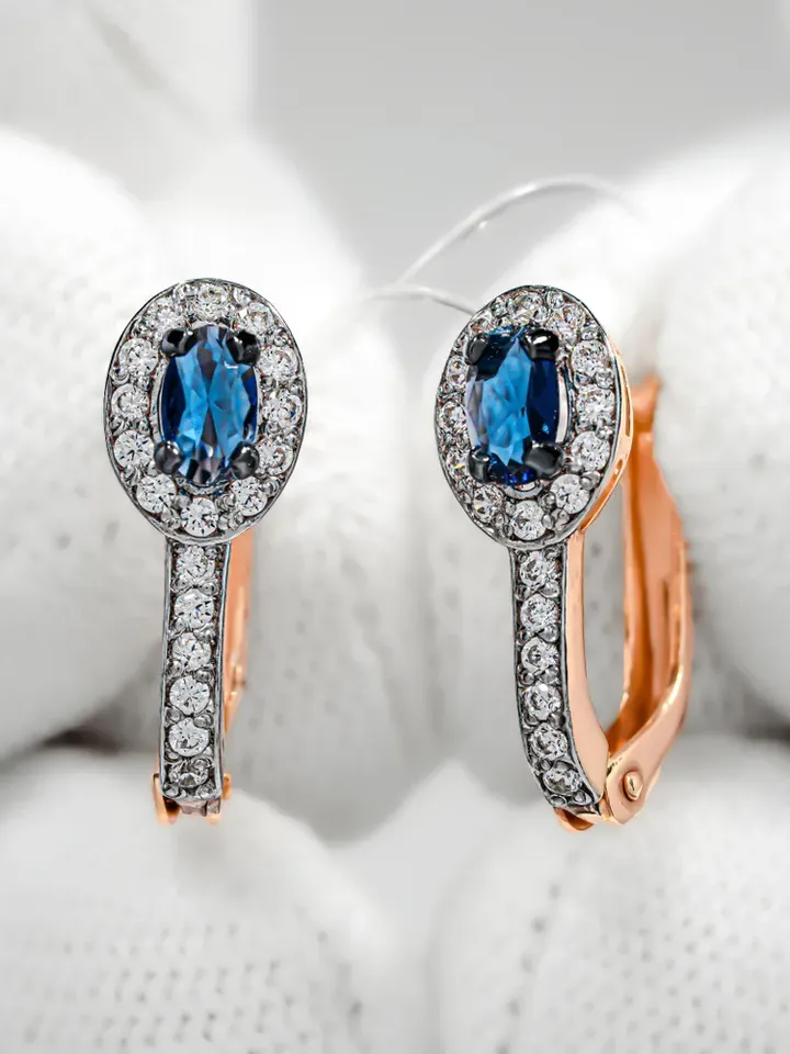 Earrings Silver gold plated 925 assay value with sapphire and cubic zirconia