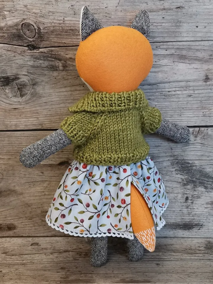 Orange fox girl, handmade stuffed wool doll, textile plush fox, fabric animal doll