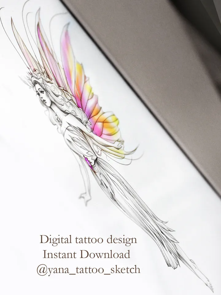 Fairy Tattoo Design Fairy Tattoo Idea Drawing Sketch, Instant download JPG, PDF, PNG