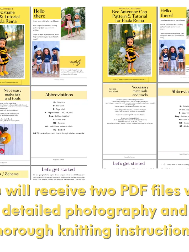 PDF Knitting Pattern Tutorial Bee Costume Jumpsuit with Cap for Paola Reina doll (13"/32 cm) eng