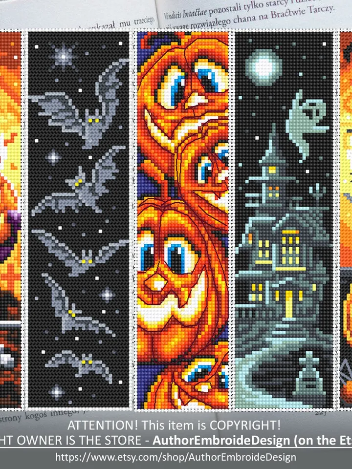 Halloween bookmark set cross stitch pattern PDF download Halloween pumpkin cross stitch, Bookmark pattern digital PDF, Black cat, Bat #B235