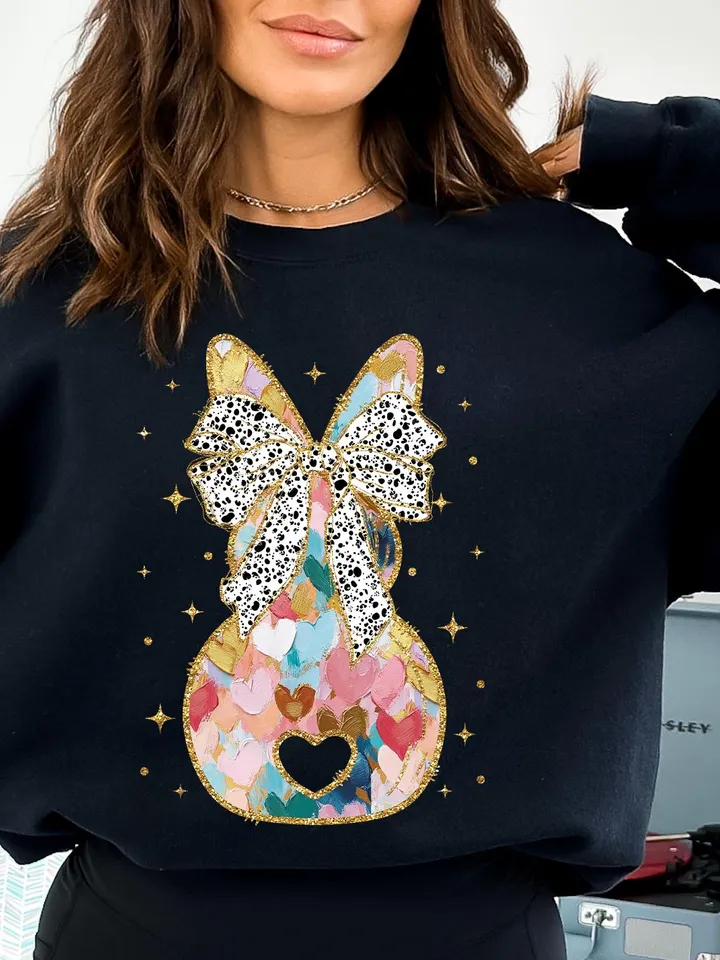 Colorful Coquette gold glitter bunny bow png girls easter coquette design dtf easter girls png kids spring design bow acrylic brushstroke