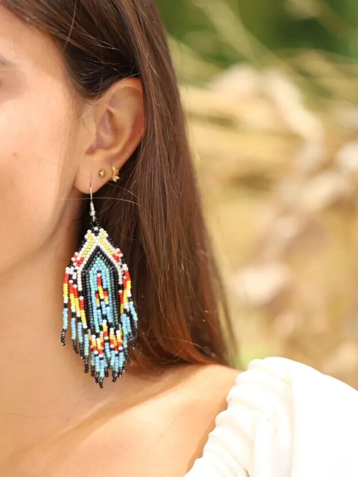 Blue Boho Wedding Earrings, Long Beaded Fringe Earrings, Chandelier Statement Bridal Earrings, Tassel Earrings, Bohemian Statement Jewelry,