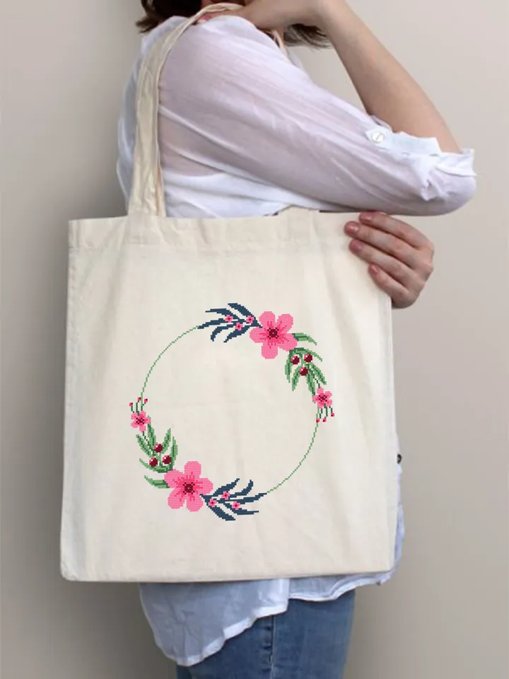 Flower wreath cross stitch pattern PDF Floral frame cross stitch chart, Easy cross stitch border, Your text here, Flowers hoop art #Y1