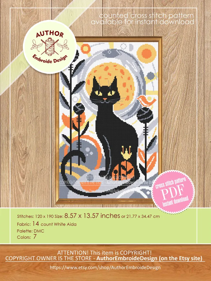 Boho cat cross stitch pattern PDF download Boho cross stitch chart, Abstract pattern digital PDF, Black cat embroidery, Boho wall decor #K21
