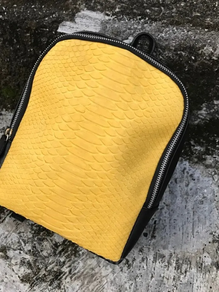 Genuine python skin small backpack | leather backpack yellow | small designer rucksack | Exotic leather bags | Women handmade bags