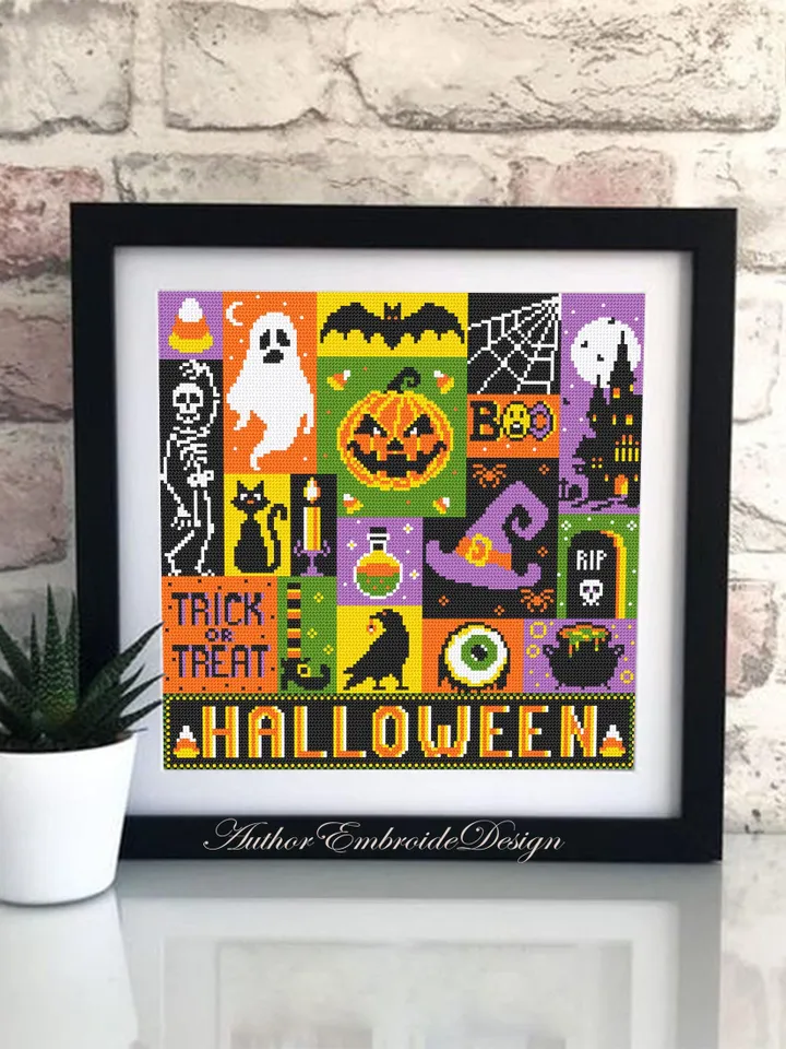 Halloween sampler cross stitch pattern PDF download Spooky cross stitch chart, Cute Halloween pattern digital PDF, Happy Halloween #H80