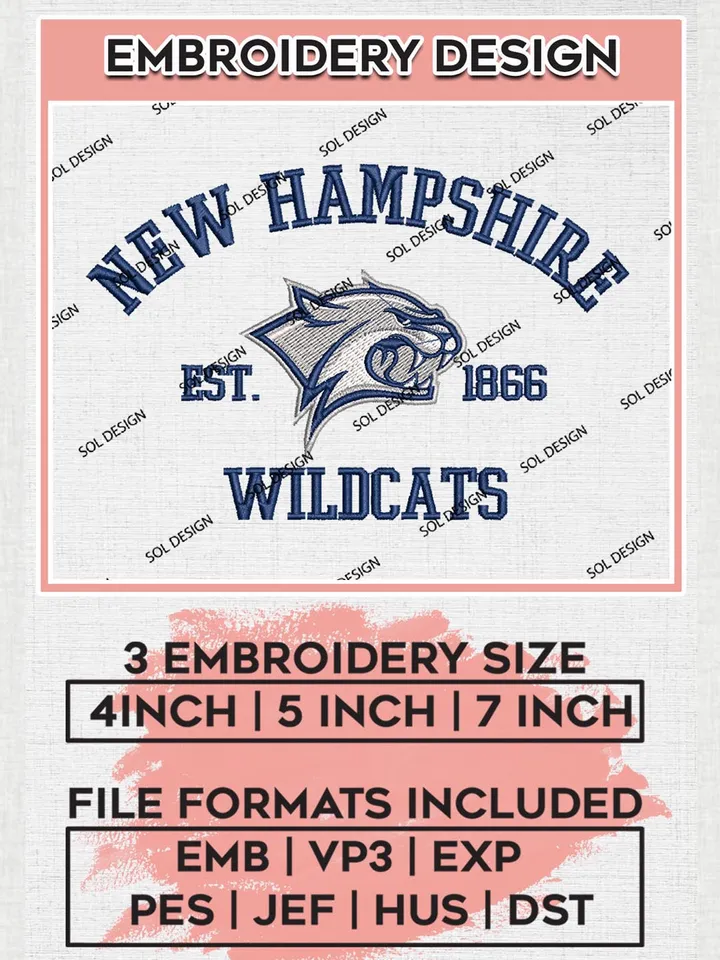 New Hampshire Wildcats Est 1866 Logo Embroidery Designs, NCAA New Hampshire Wildcats Team Embroidery, NCAA Team Logo, 3 sizes, Machine embroidery Files, Digital Download