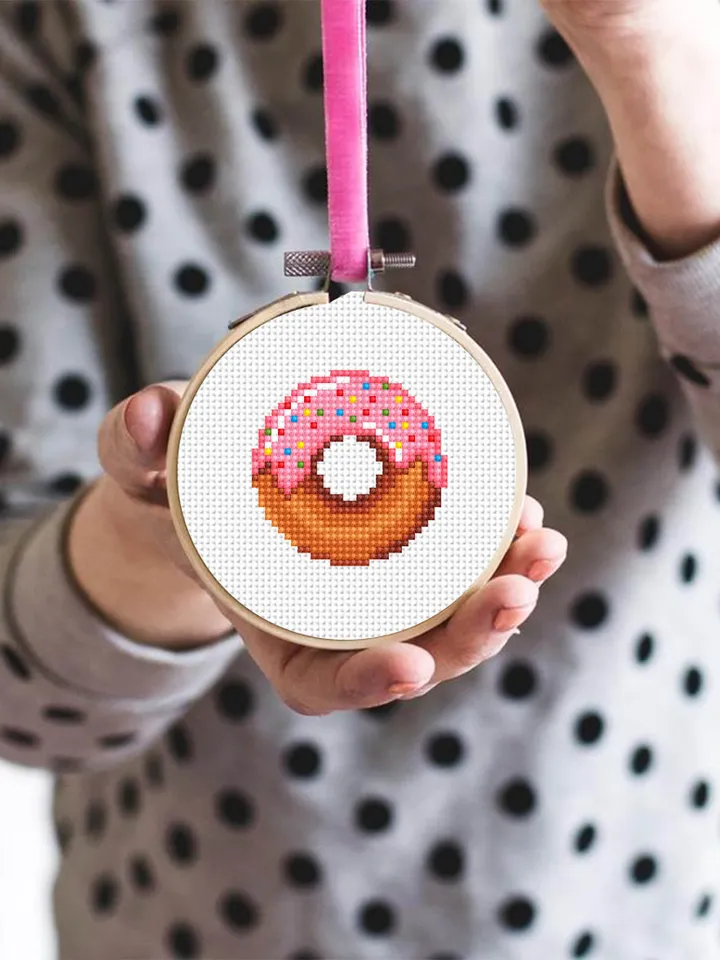 Pink donut small cross stitch pattern PDF Mini cross stitch chart, Minimalistic food cross stitch Instant download PDF, Beginner stitch #F3