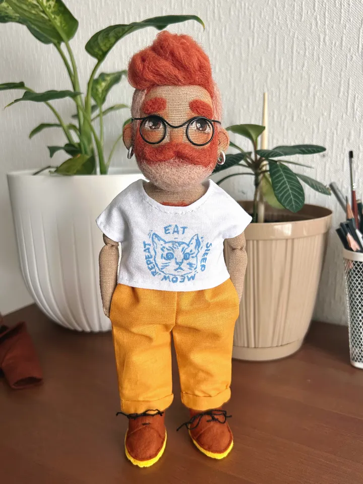 Textile art doll bearded man with ginger hair