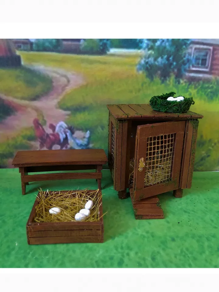 Chicken coop in miniature. Chicken coop for the doll garden.1:12 scale.