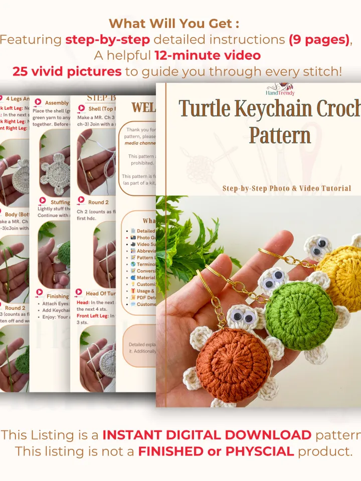 Crochet Turtle Keychain Pattern, Easy Crochet Keychain PDF Tutorial for Cute Handmade Turtle Bag Charm Gifts, Instant Download