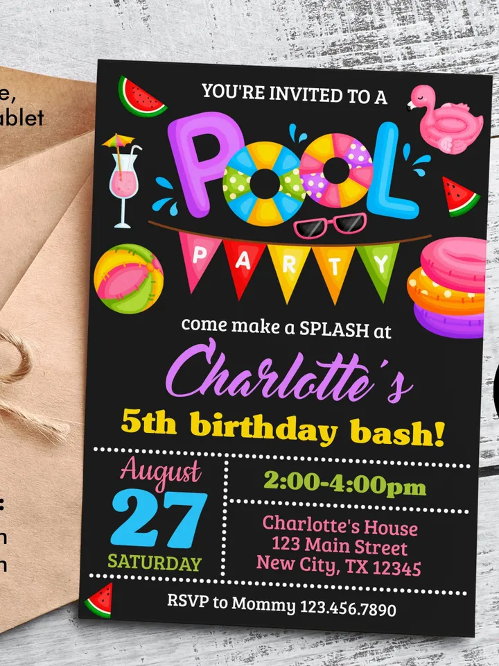Pool Party Birthday Invitation Girl, Pool Party Invitation Instant Download, Swimming Party Invite, Editable Template