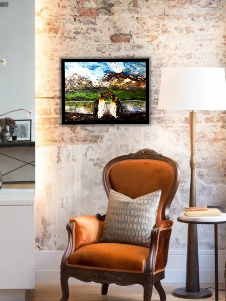 Landscape oil painting.Penguins northern landscape,original oil painting,stretched canvas.