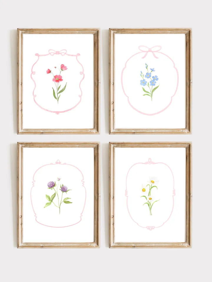 Set of 4 Pink Flowers Watercolor Painting, Vintage Botanical, Wildflower Wall Art, Colorful Floral, Blush Pink Floral, Trendy Artwork Print