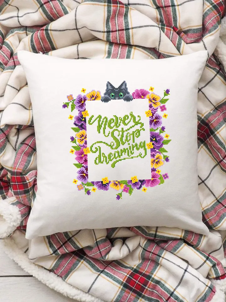 Floral frame cross stitch pattern PDF download Never stop dreaming quotes cross stitch chart, Flower border pattern digital PDF Pansy #Q18
