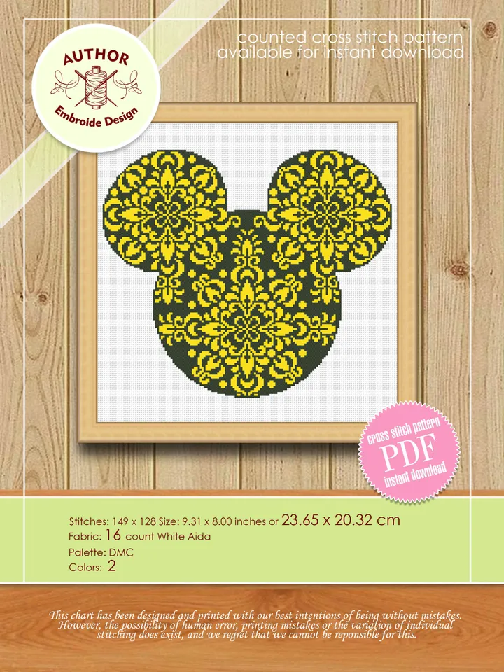 Floral mouse head mandala cross stitch pattern Flower mandala pattern download PDF, Mouse silhouette cross stitch, Mouse ears design #M133