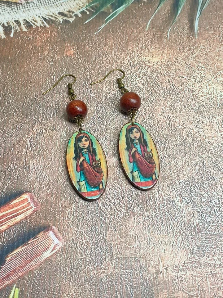 Handmade earrings. Author's design. Jewelry.Earrings with a picture of a girl. Wooden earrings.