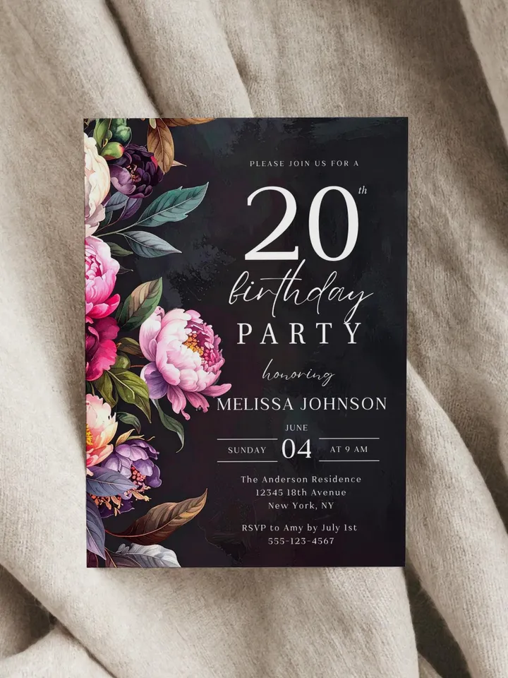 20th Birthday Invitation for women or men – Moody Burgundy & Blush Peony Floral Invitation Elegant Dark Birthday Party Invite Canva Template