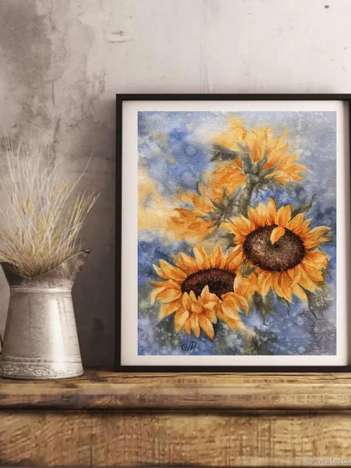 Sunflowers Original Painting Yellow Flowers Painting Wildflowers Watercolor Art Meadow Wall Art