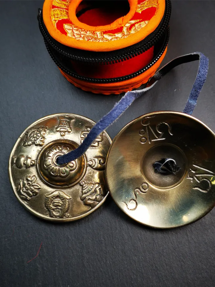 Gandhanra 2.7" Tibetan Cymbals,Astamangal Pattern Tingsha Bell,Buddhism Ritual Implement,Handmade in Nepal