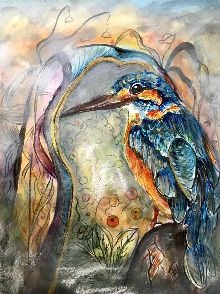 Kingfisher bird original watercolour mix media painting on watercolour paper,birds painting original wall art,interier decoration,gift.