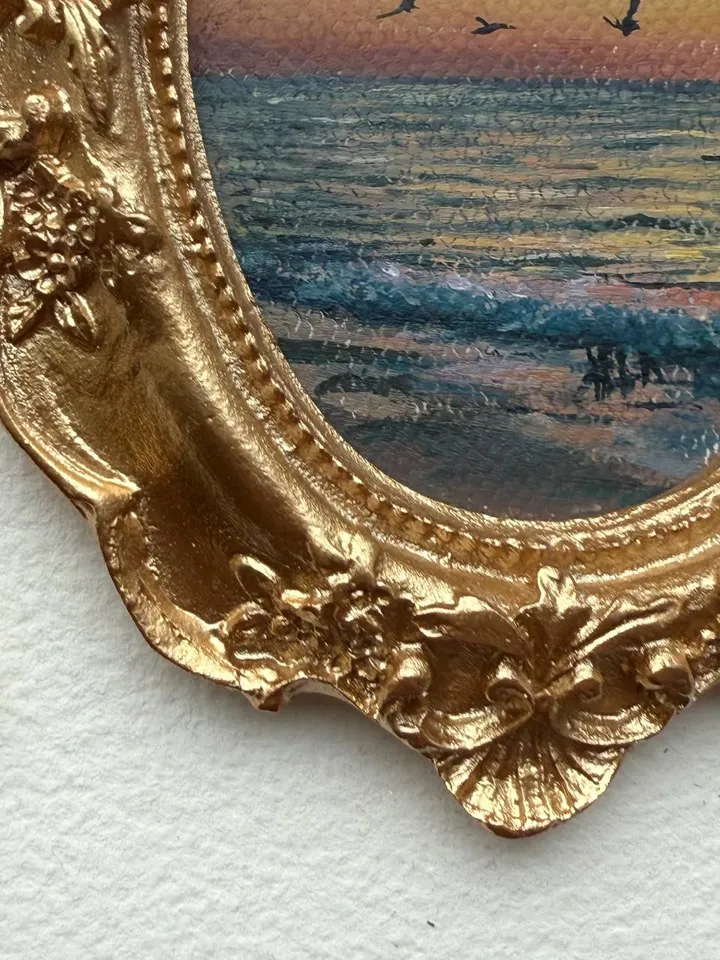 Ocean Sunset Landscape Oil Painting Original In Vintage Style Frame Small Framed Antique Style Painting Art Vintage Seascape Painting Coastal Artwork