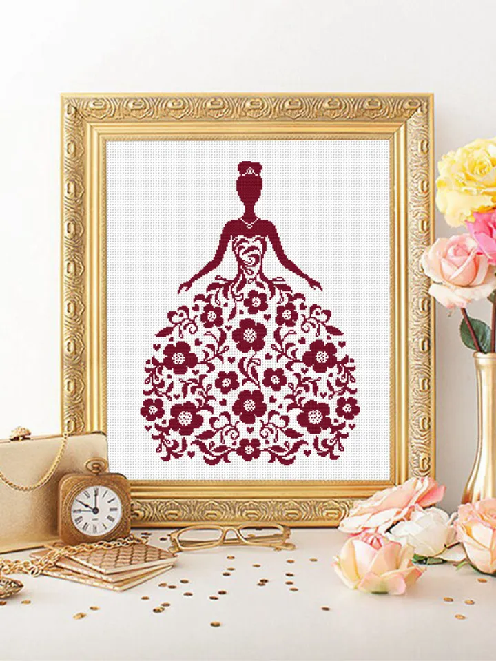 Wedding Dress cross stitch pattern download PDF Silhouette bride cross stitch, Flower dress, Monochrome cross stitch mandala dress #M194