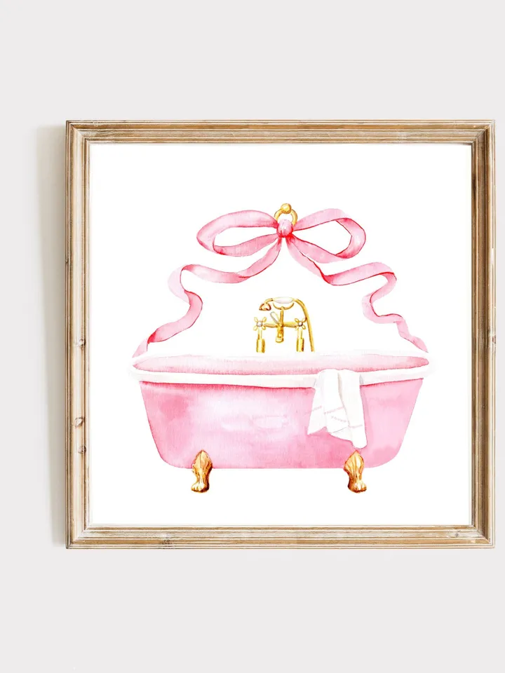 Pink Bathroom Vintage Bow Art Print, Watercolor Painting, Retro Bathroom Decor, Girls Bathroom Decor, Pink Bathtub, Gift For Her, Bath Time