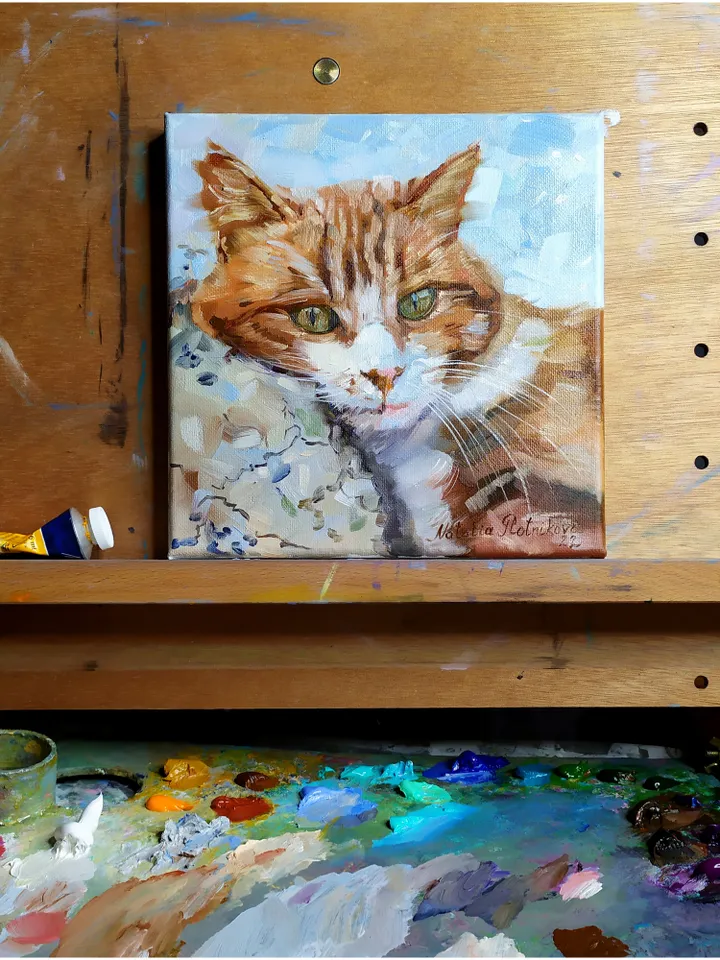 Cat painting Animal Original Art Brown Cat Artwork fine art square canvas art oil painting by Natalia Plotnikova