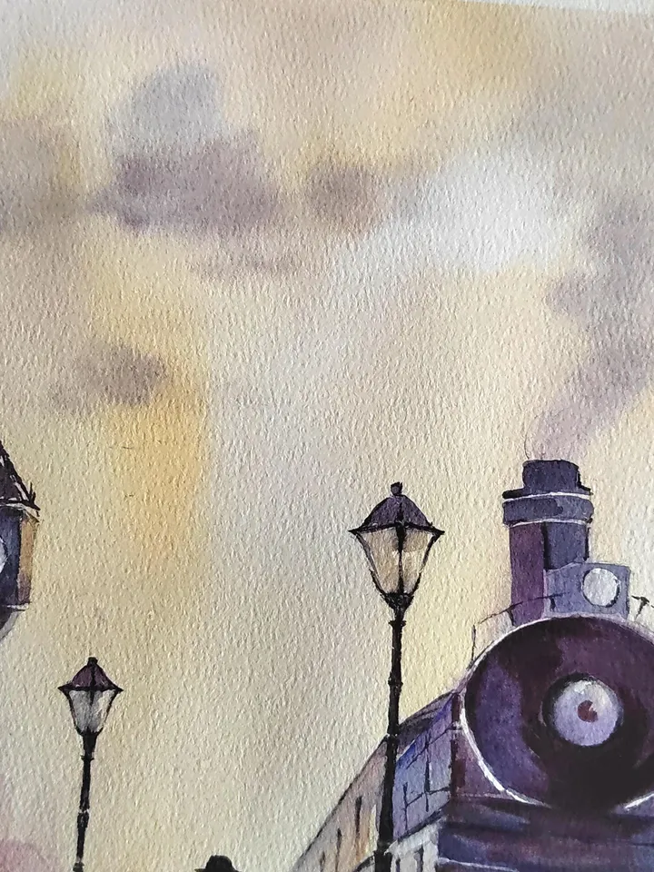 Railway Station Artwork Original Watercolor Painting Vintage Train Art 10.63x14.57 in by Art Café