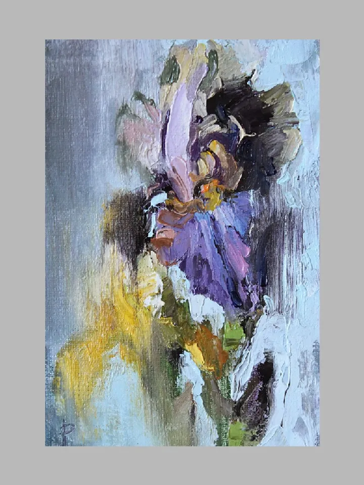 Irises, miniature oil painting, 4x6", 3 d