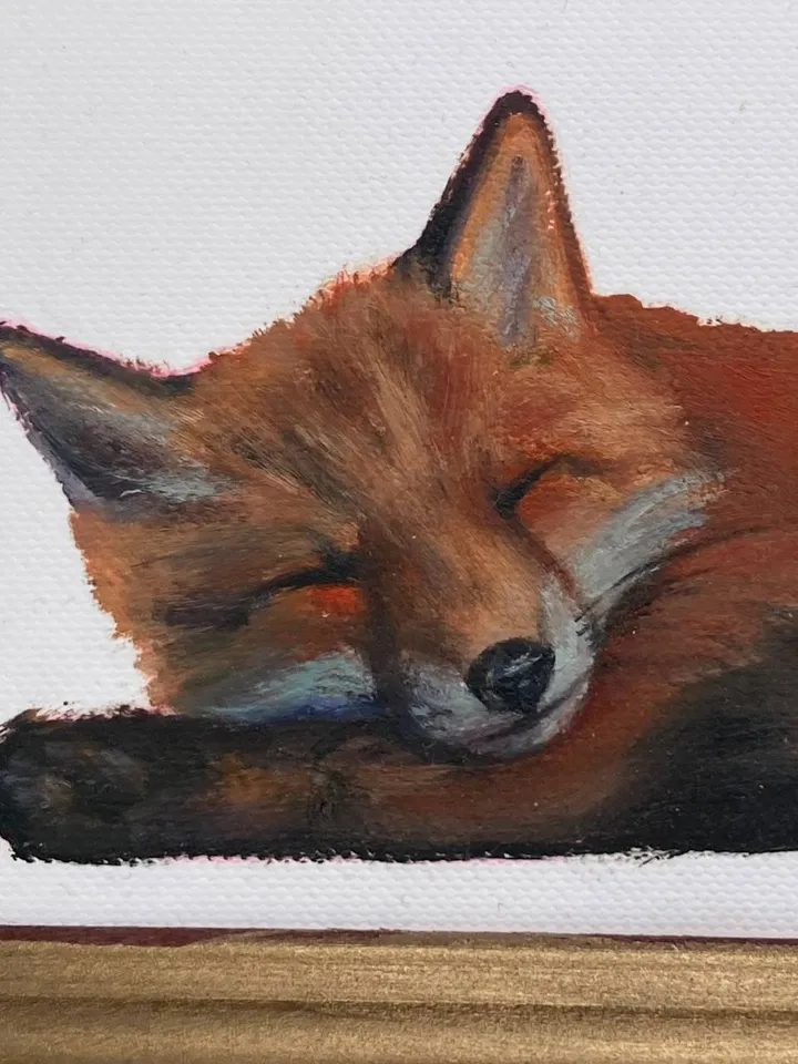 Cute Fox Painting Framed Antique Oil Painting Original Art Gold Frame Animal Painting Realistic Fox Small Oil Painting Framed Decor