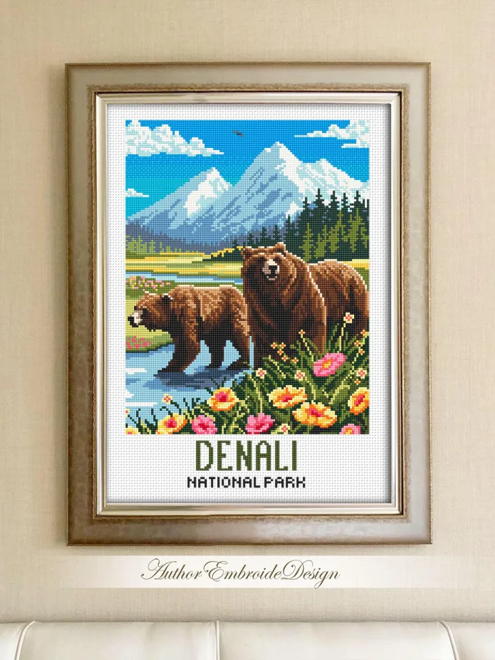 Denali national park cross stitch pattern PDF download Bear cross stitch chart, Mountain landscape pattern digital PDF, Travel poster #L99