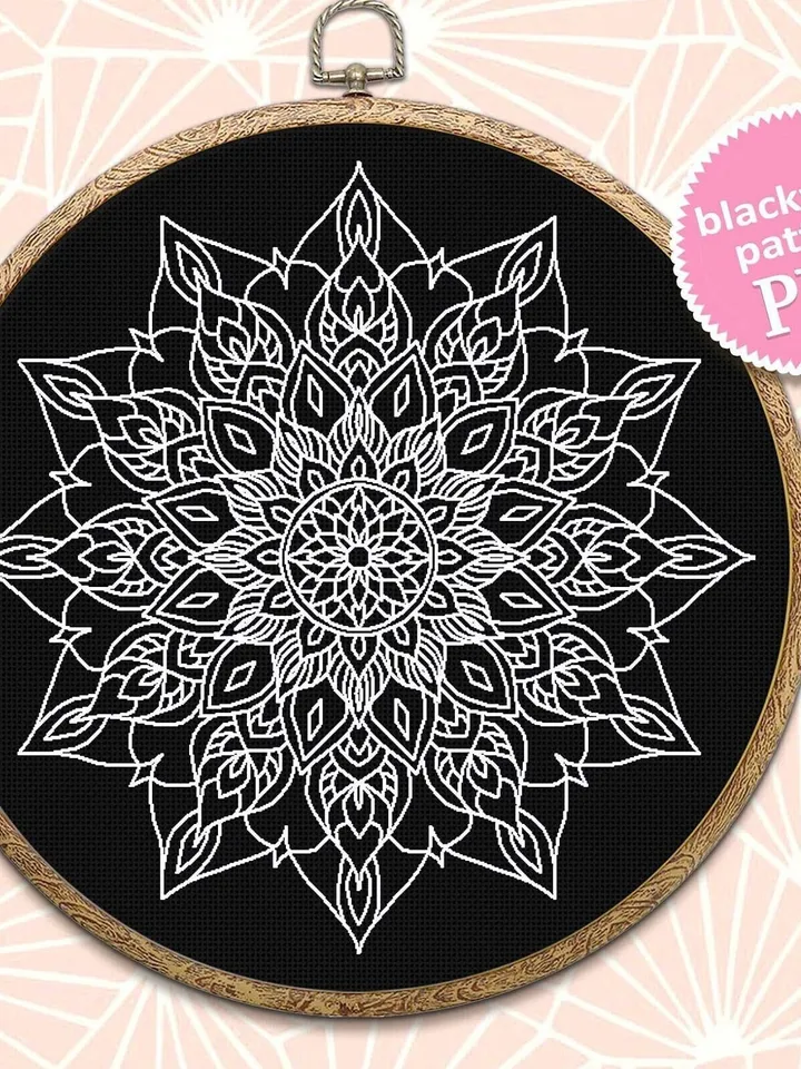 Flower mandala blackwork pattern PDF, Blackwork mandala embroidery download PDF, Mandala ornament Backstitch chart, Mandala cross stitch #W6
