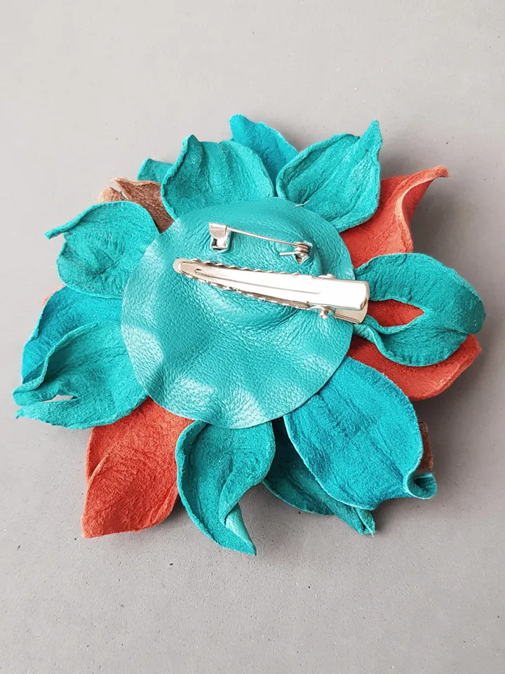 Turquoise leather brooch for her , 3rd anniversary gift for wife, Leather women's jewelry