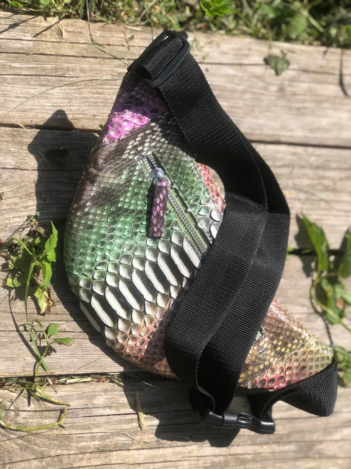Genuine Python Skin Fanny Pack  Bronze Green Milticolor  | Leather Belt Bag| Unisex Fanny Pack | Exotic Leather Bags | Snake Print Bag