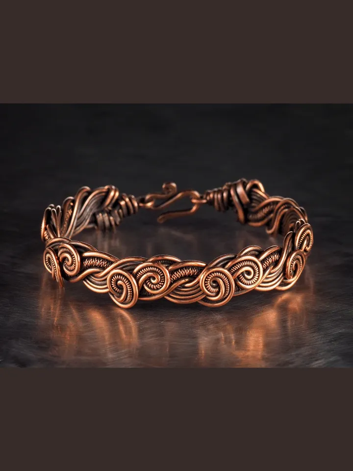 Wire wrapped bracelet, Unique 7th 22nd Anniversary gift idea, Art Nouveau antique style, One of kind braided statement bangle, EMF protection, Handmade oxidized pure copper jewelry, Pain relief
