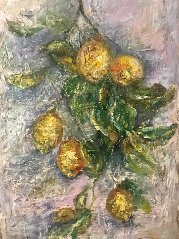 Lemons original oil painting on unstretched canvas,textured impressionistic painting,Monet inspired,dining room,kitchen decoration,art gift.