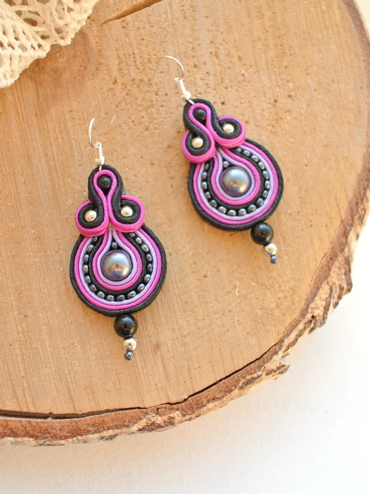 Pink and Black earrings, Boho indie earrings, Soutache earrings
