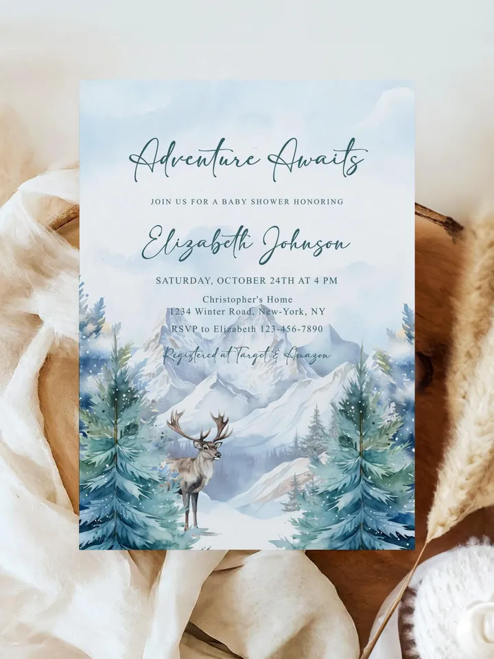 Editable Adventure Awaits Woodland Baby Shower Invitation, Woodland Baby Shower Invite, Mountain Adventure Baby Shower - i126