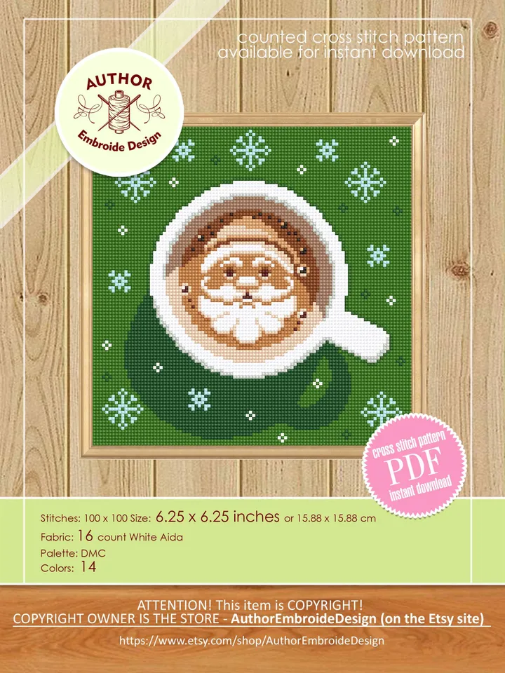 Christmas coffee cross stitch pattern PDF download Christmas cross stitch chart, Cup of latte cappuccino coffee with Santa pattern #N145