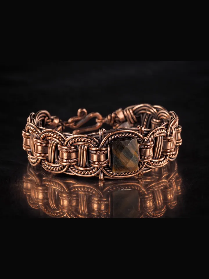 Copper wire bracelet with natural Tiger eye, 7th Wedding Anniversary gift