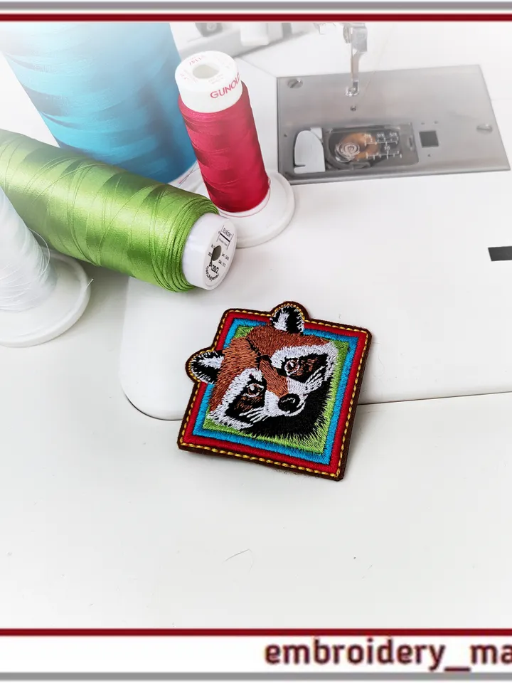 In The Hoop patch or pendant, or brooch with raccoon Machine embroidery design
