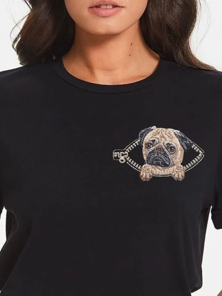 Pug in a zipper pocket Miniature realistic machine embroidery design Pet dog realistic pattern puppy embroidery motif