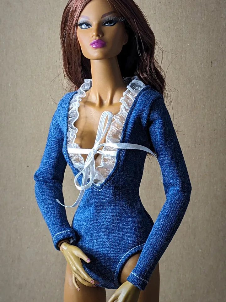 Handmade blue denim bodysuit for 16-inch Fashion Royalty dolls (FR16)
