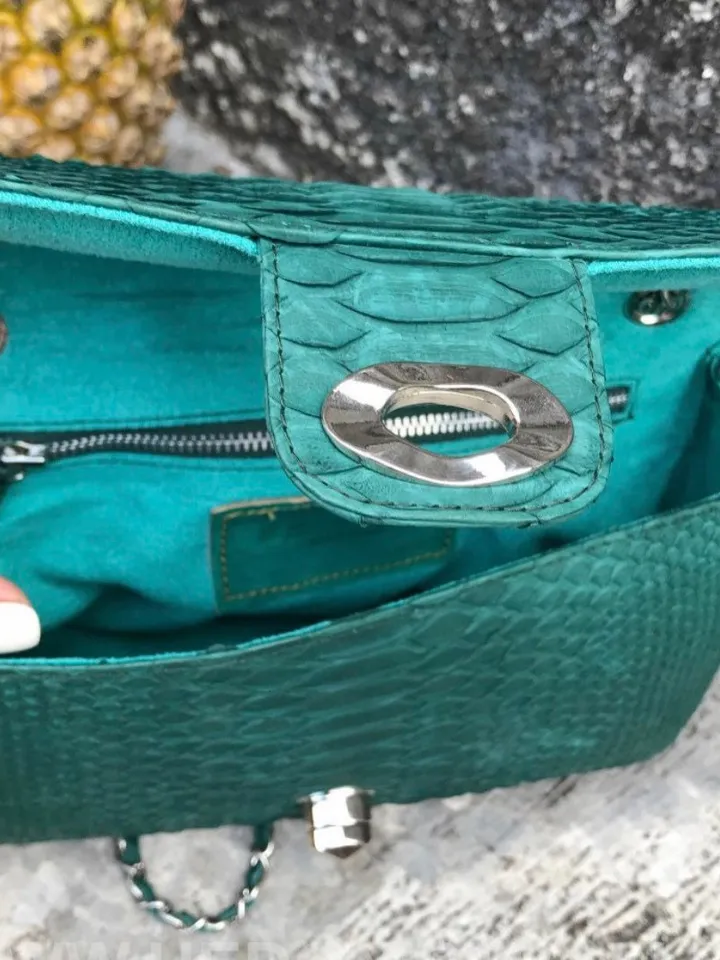 Dark Green Genuine Python Skin Crossbody Chain Bag | Bright Summer Bag | Elegant Women Bag | Chain Strap Crossbody Deep green classy Purse
