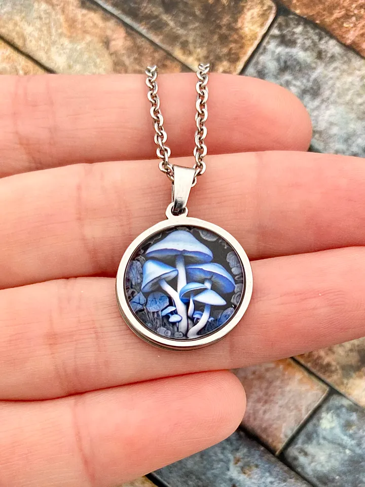 Blue mushrooms necklace, steel pendant with glass, Mushroom lover gift
