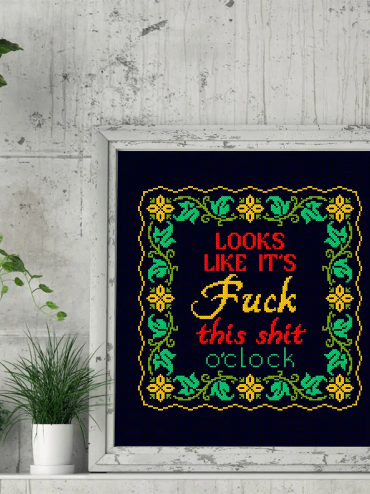 Framed quote cross stitch pattern download PDF, Looks like it is fuck this shit Floral frame cross stitch, Flower border cross stitch #Q13