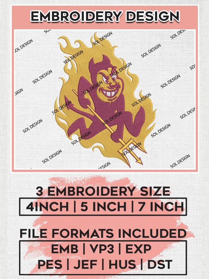 Arizona State Sun Devils Team Mascot Logo Embroidery Design Files, NCAA Arizona State Sun Devils Machine Embroidery, NCAA Teams, 3 sizes, NCAA Machine embroidery designs, Digital Download